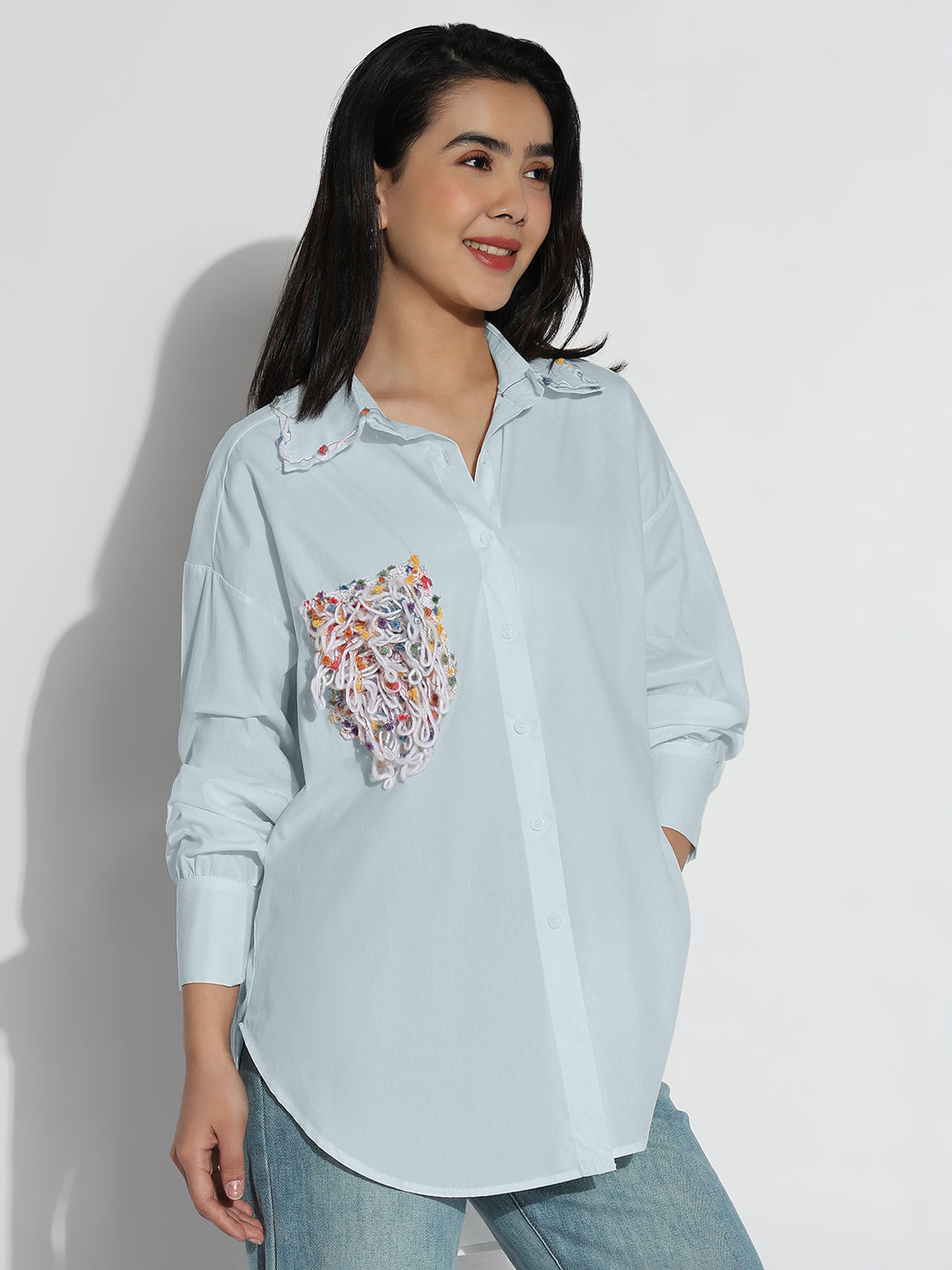 Women's Oversized Blue Solid Shirt with Embroidered Chest Pocket
