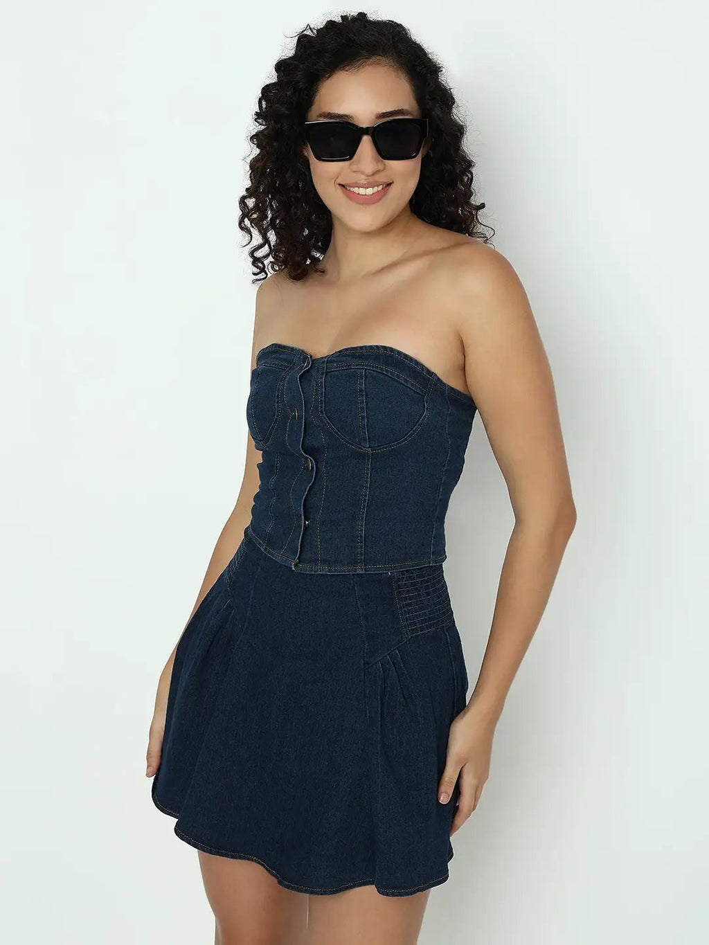 Women's Blue Denim Tube Top and Mini Skirt Co-ord Set