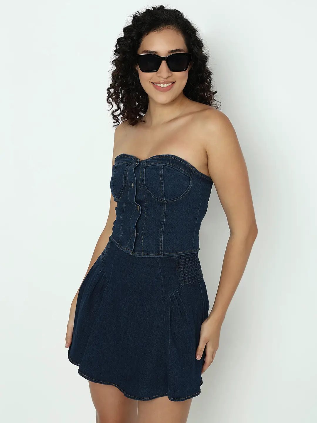 Women's Blue Denim Tube Top and Mini Skirt Co-ord Set