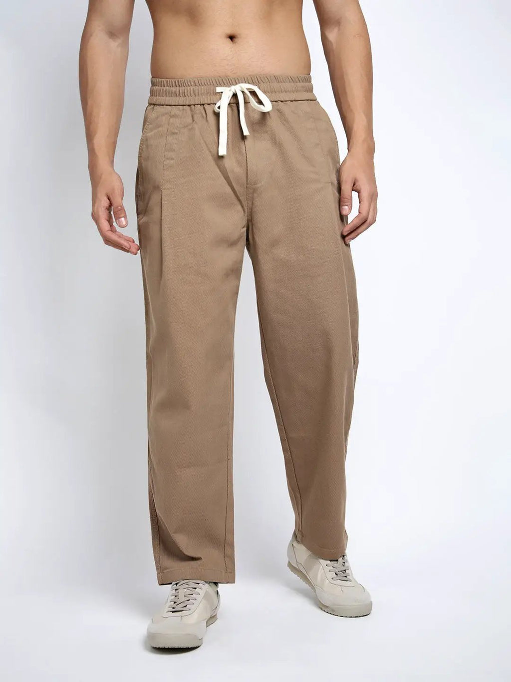 Men's Beige Relaxed Fit Trousers with Oversized Pockets