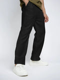 Men's Black Textured Straight Fit Trousers with Elasticated Waist and Drawstring