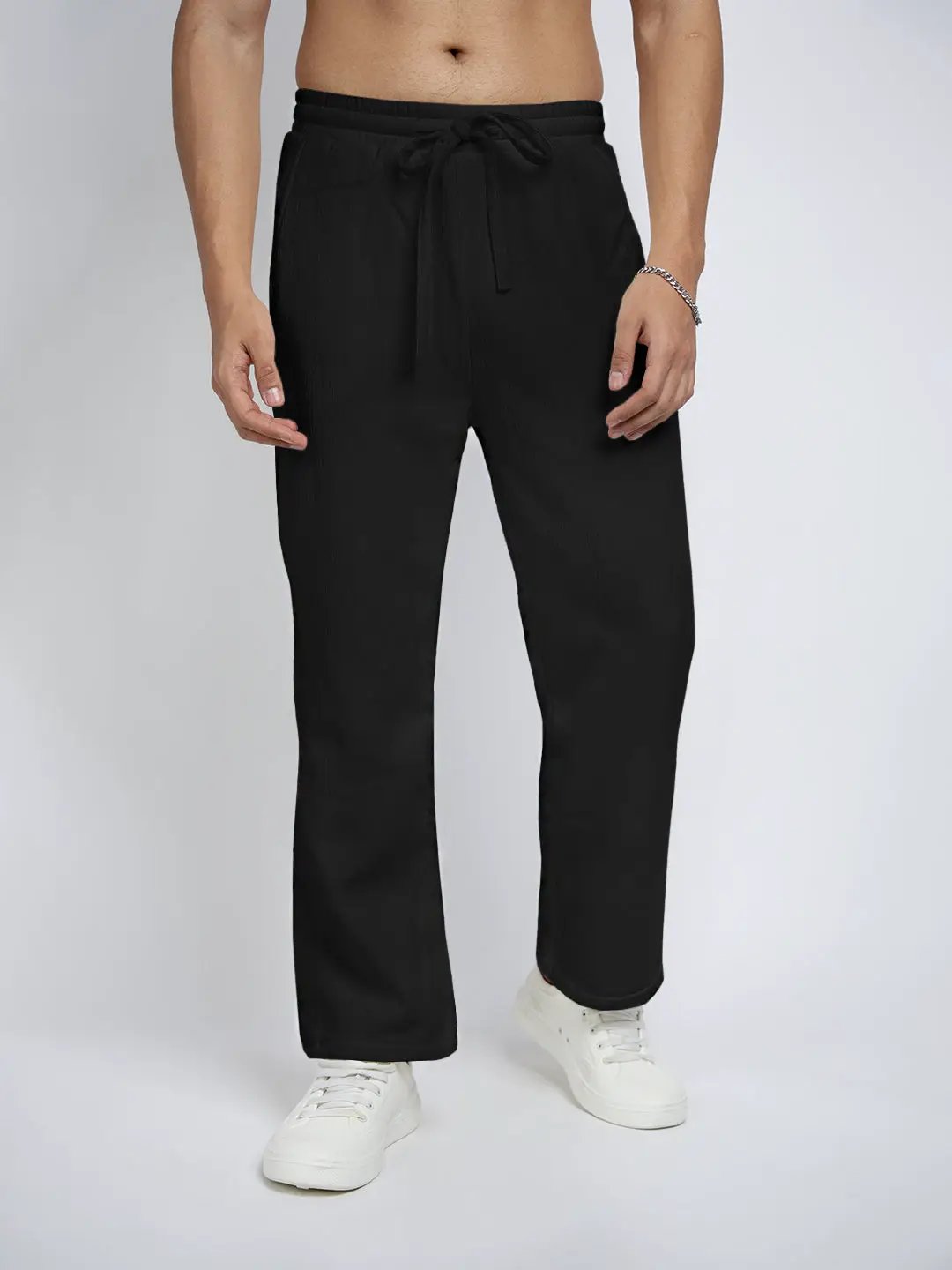 Men's Black Textured Straight Fit Trousers with Elasticated Waist and Drawstring