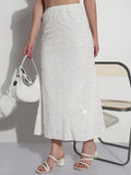 Women's Embellished White Velvet A-Line Maxi Skirt