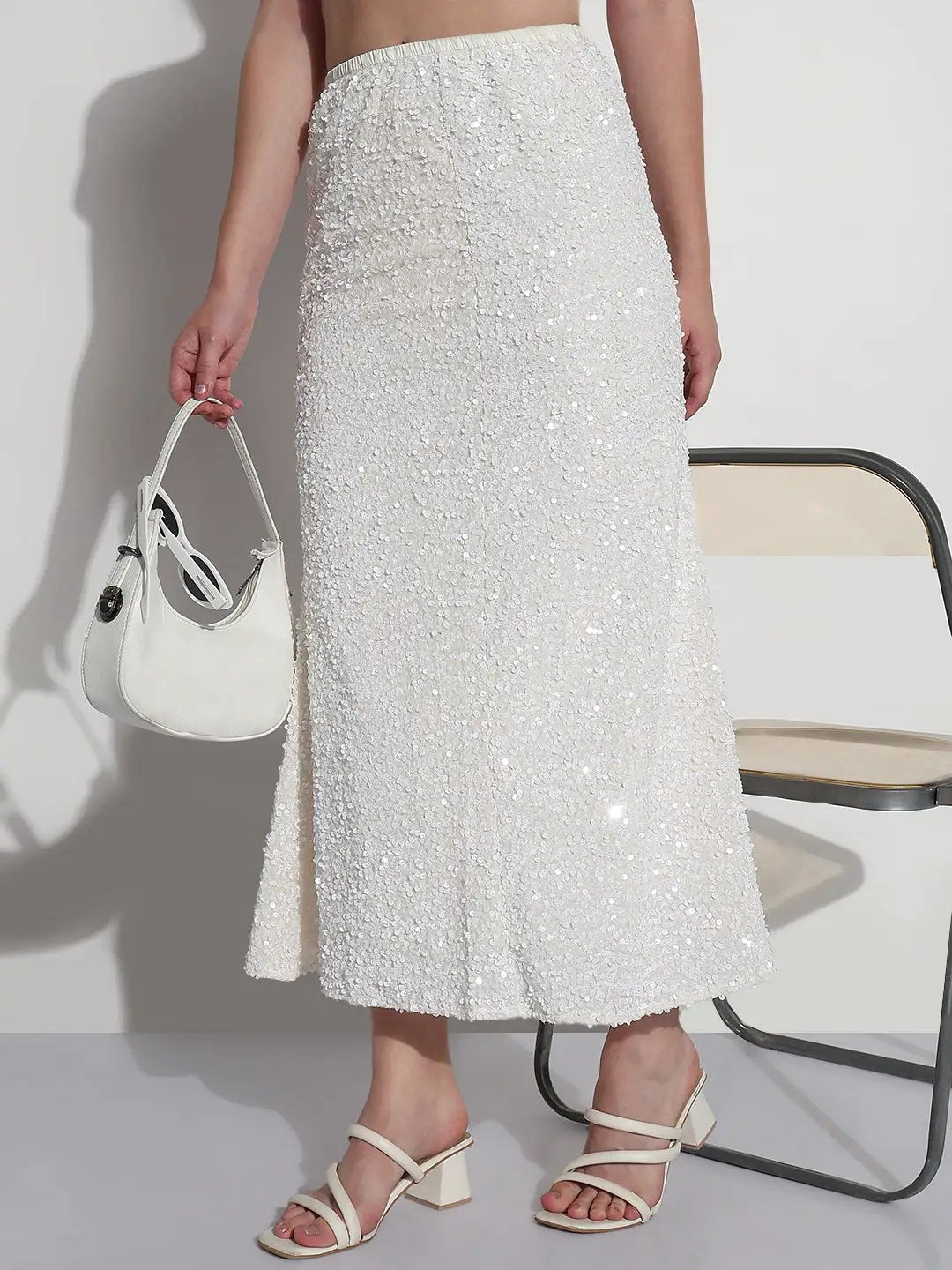 Women's Embellished White Velvet A-Line Maxi Skirt