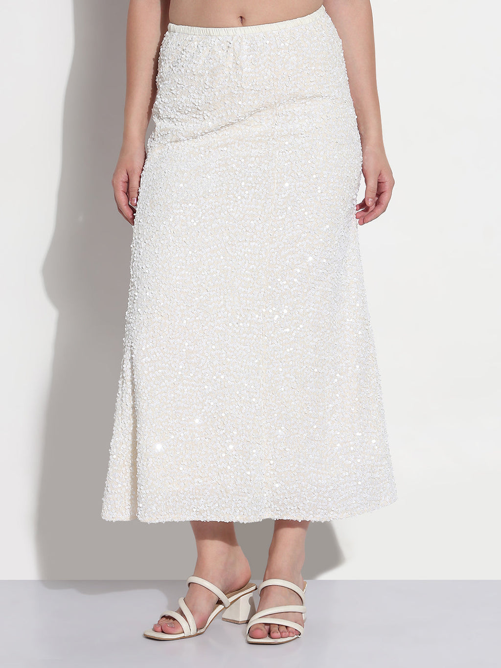 Women's Embellished White Velvet A-Line Maxi Skirt