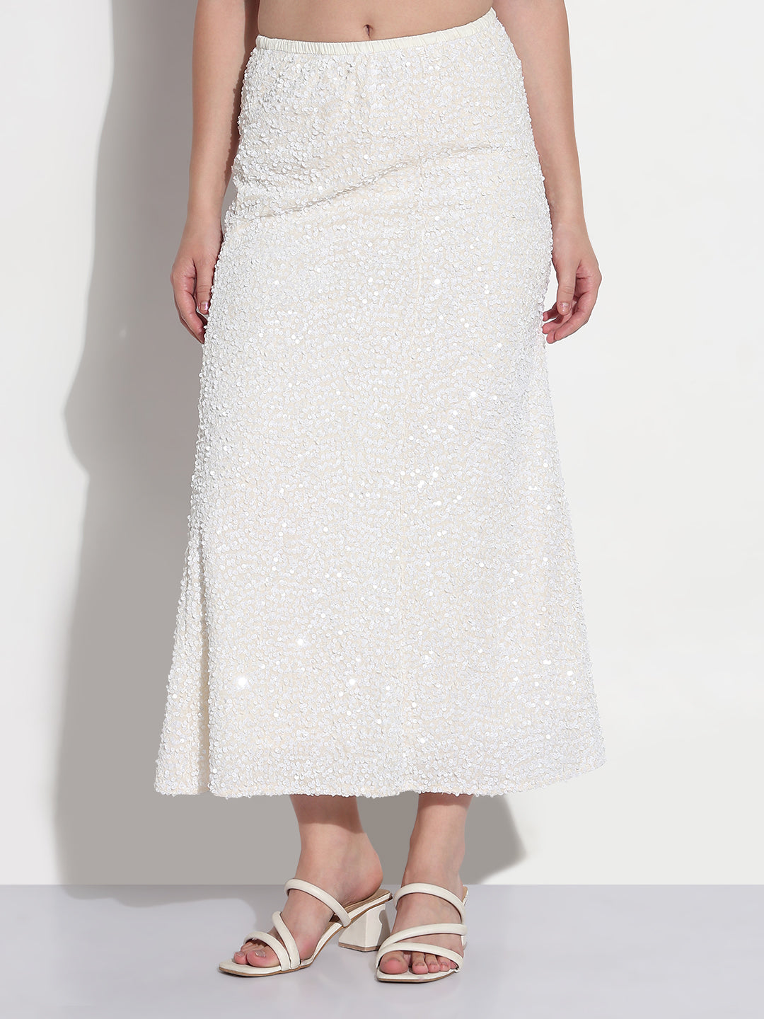 Women's Embellished White Velvet A-Line Maxi Skirt