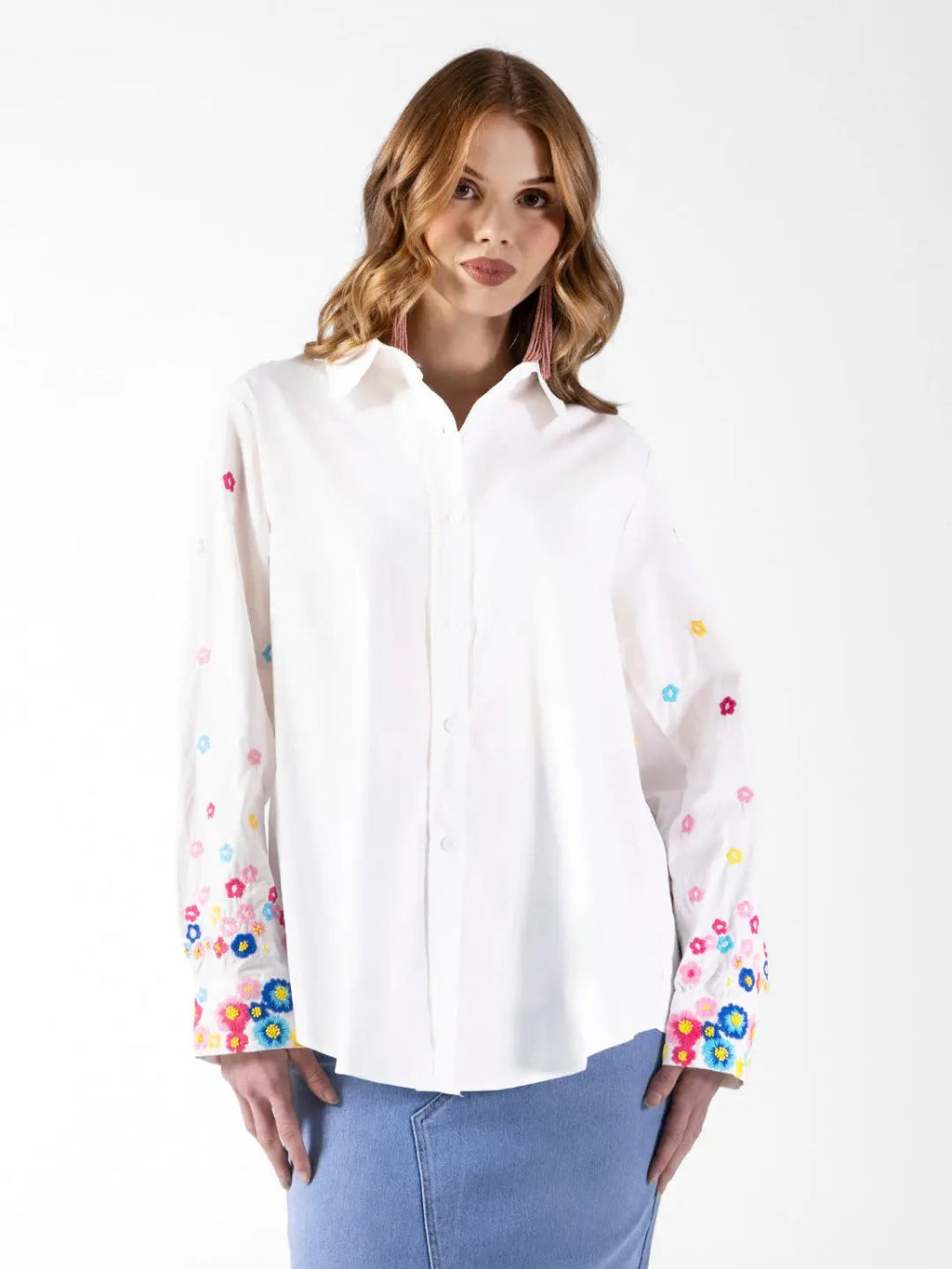 Women's Embroidered White Floral Panel Shirt