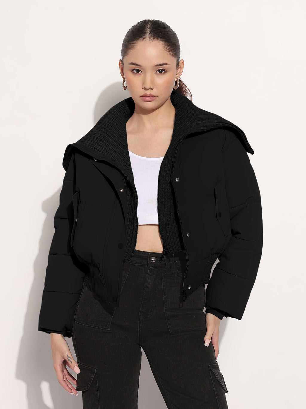 Women's Black Shawl Collar Puffer Cropped Jacket