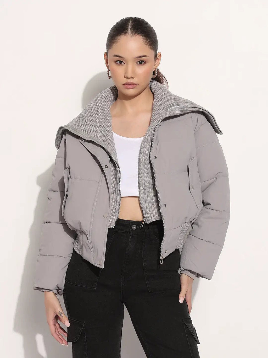Women's Grey Shawl Collar Puffer Cropped Jacket