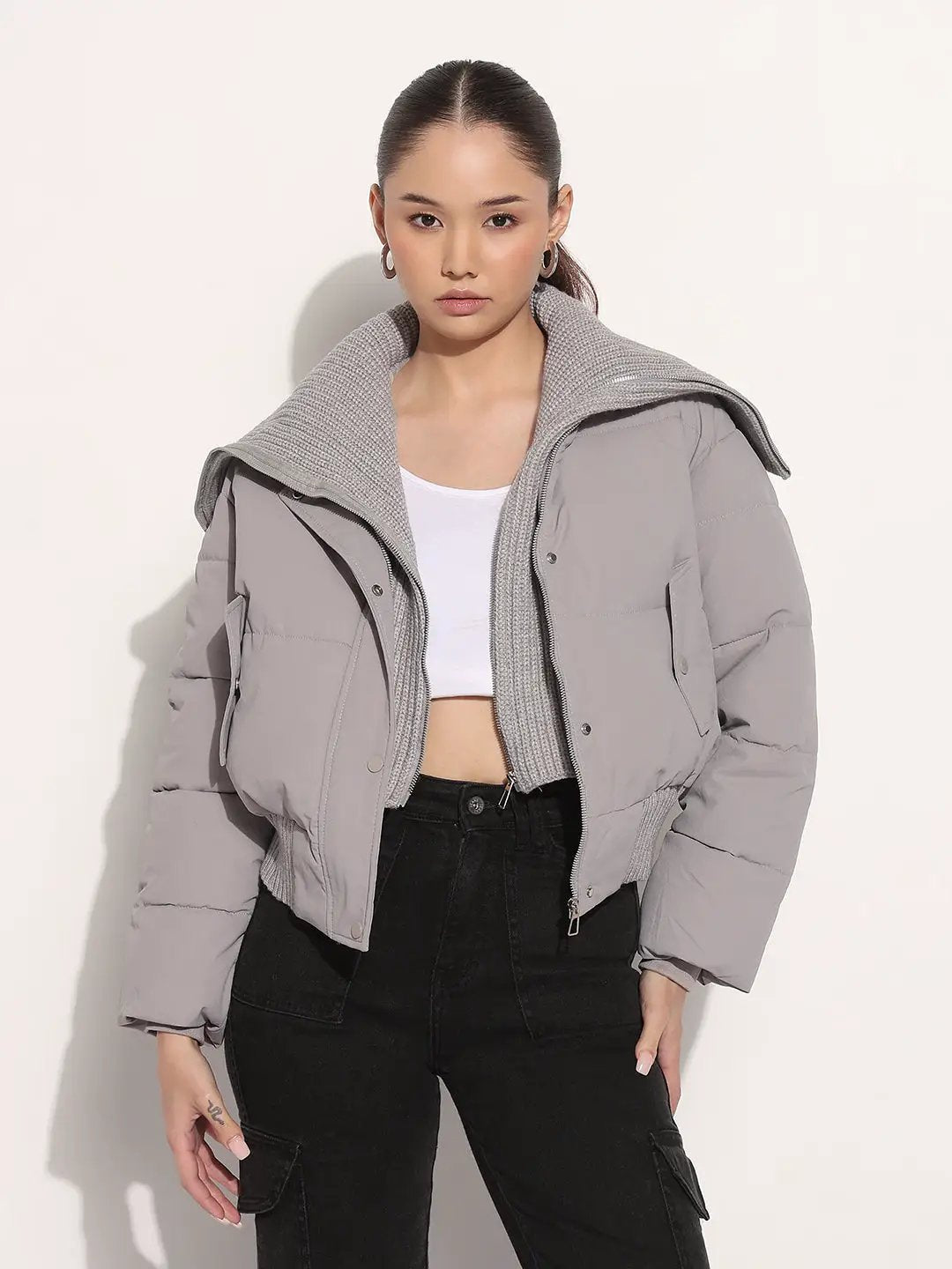 Women's Grey Shawl Collar Puffer Cropped Jacket