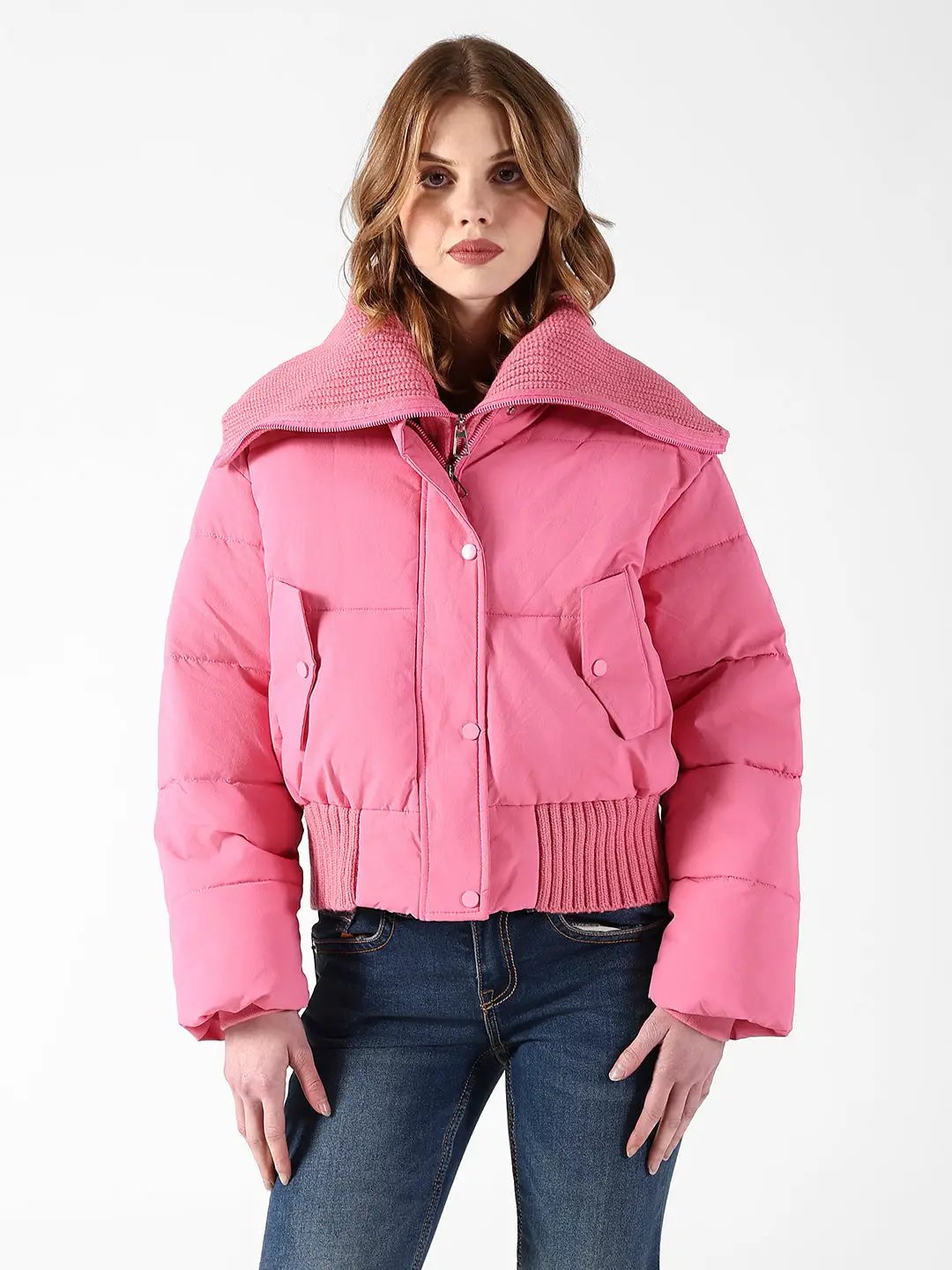 Women's Quilted Pink Puffer Jacket with Ribbed Zip-up Neck