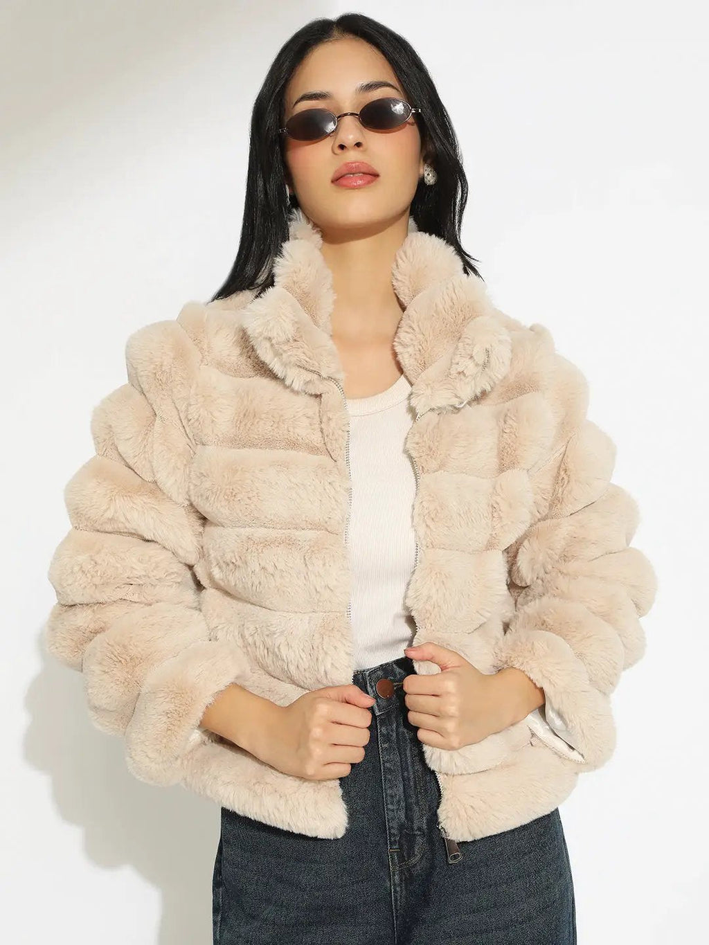 Women's Beige Faux Fur Puffer Zip-Up Jacket