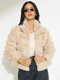 Women's Beige Faux Fur Puffer Zip-Up Jacket
