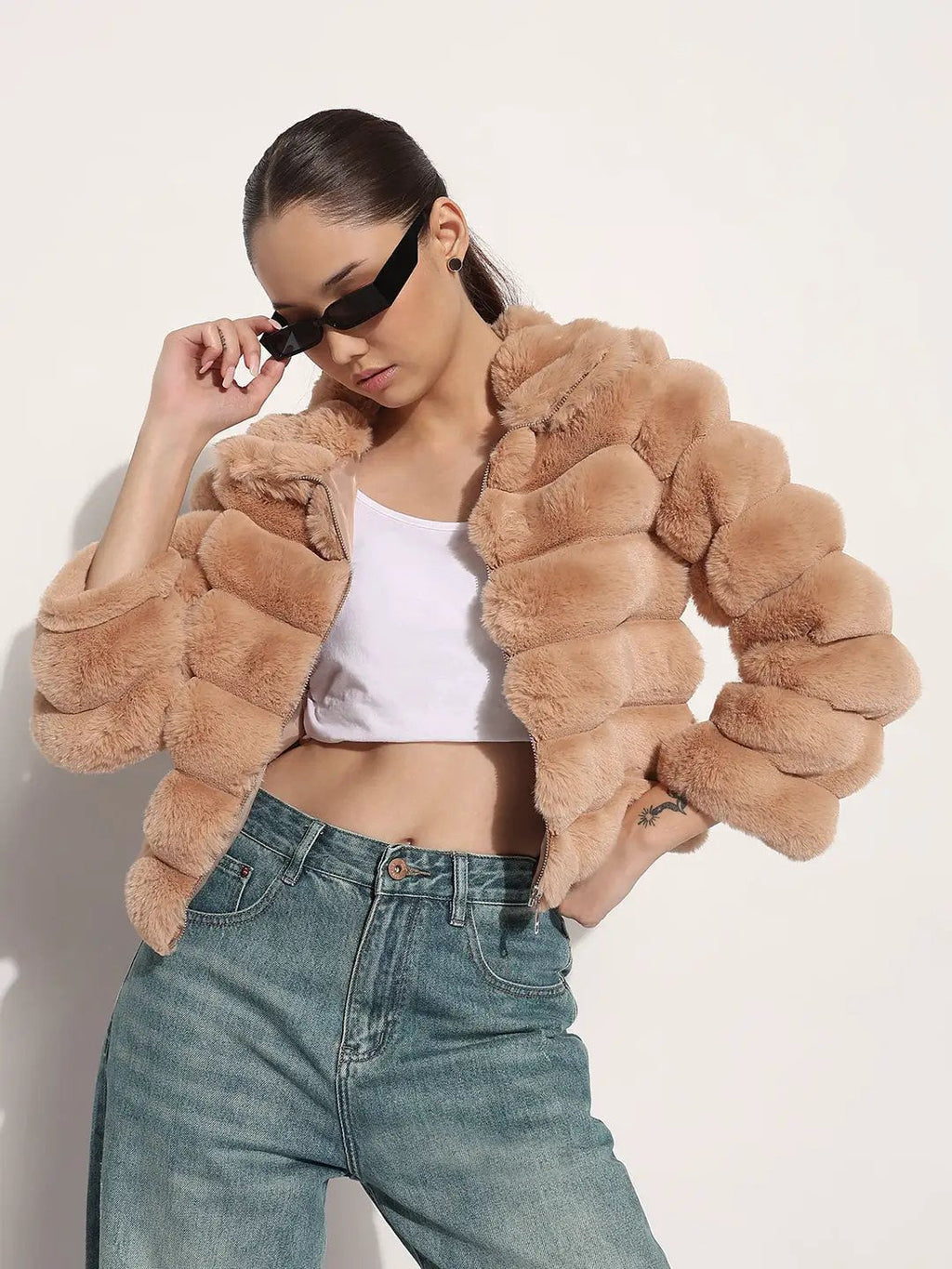 Women's Brown Faux Fur Puffer Zip-Up Jacket