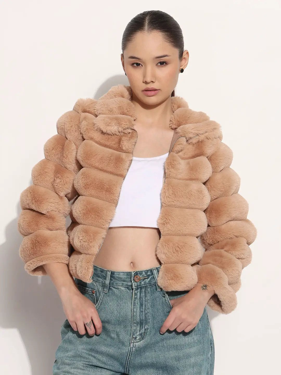Women's Brown Faux Fur Puffer Zip-Up Jacket