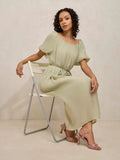 Women's Green Balloon Sleeves Midi Dress with Waist Tie