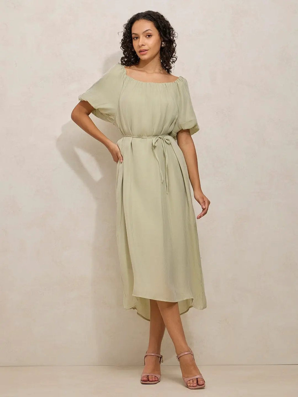 Women's Green Balloon Sleeves Midi Dress with Waist Tie