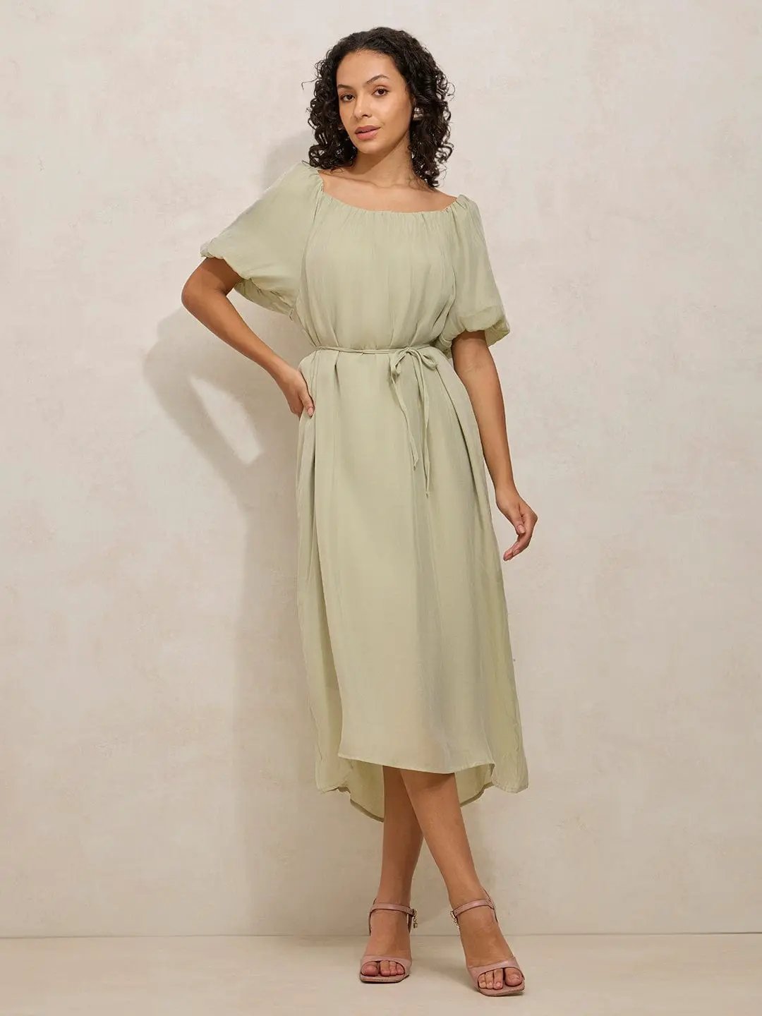 Women's Green Balloon Sleeves Midi Dress with Waist Tie