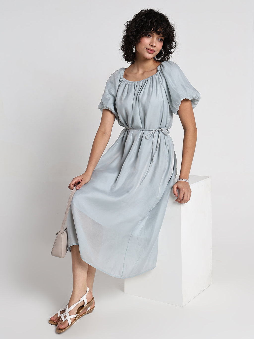Women's Grey Puff Sleeve Midi Dress with Tie Detail