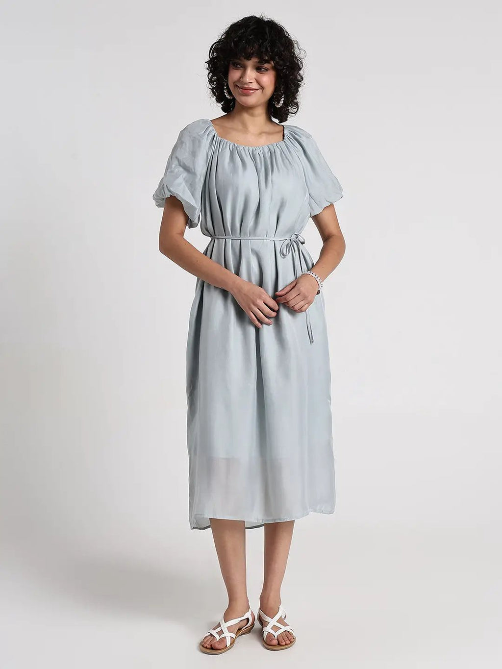 Women's Grey Puff Sleeve Midi Dress with Tie Detail