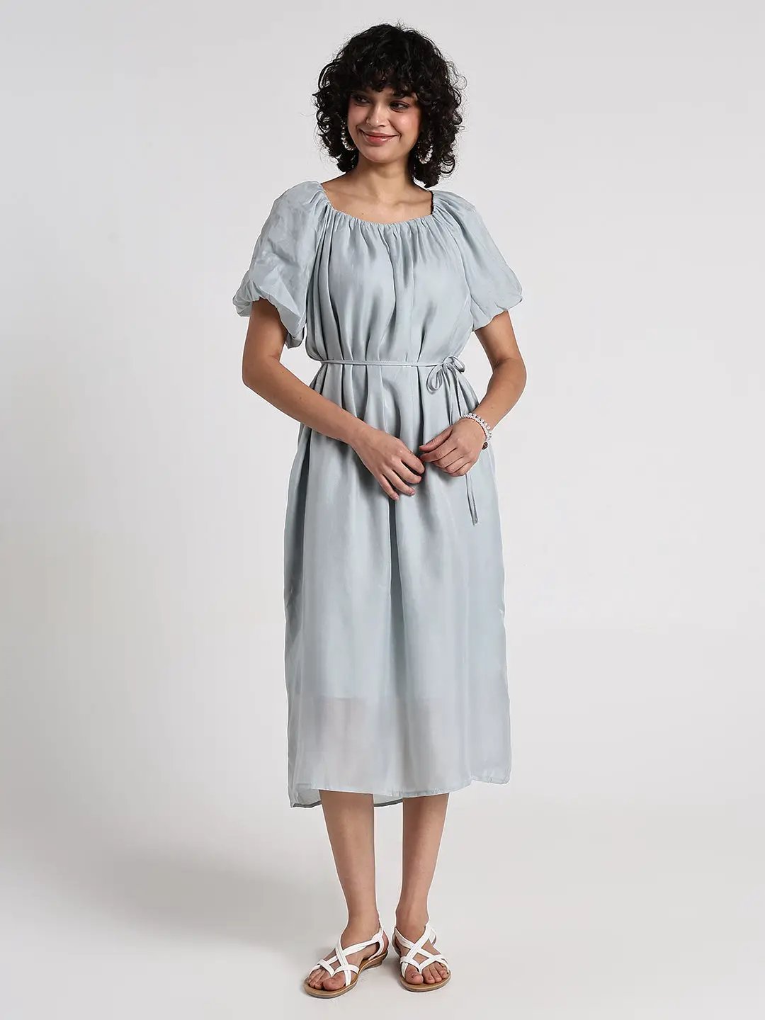 Women's Grey Puff Sleeve Midi Dress with Tie Detail