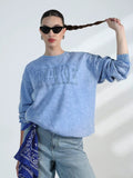 Women's Typography Blue Round Neck Oversized Sweatshirt
