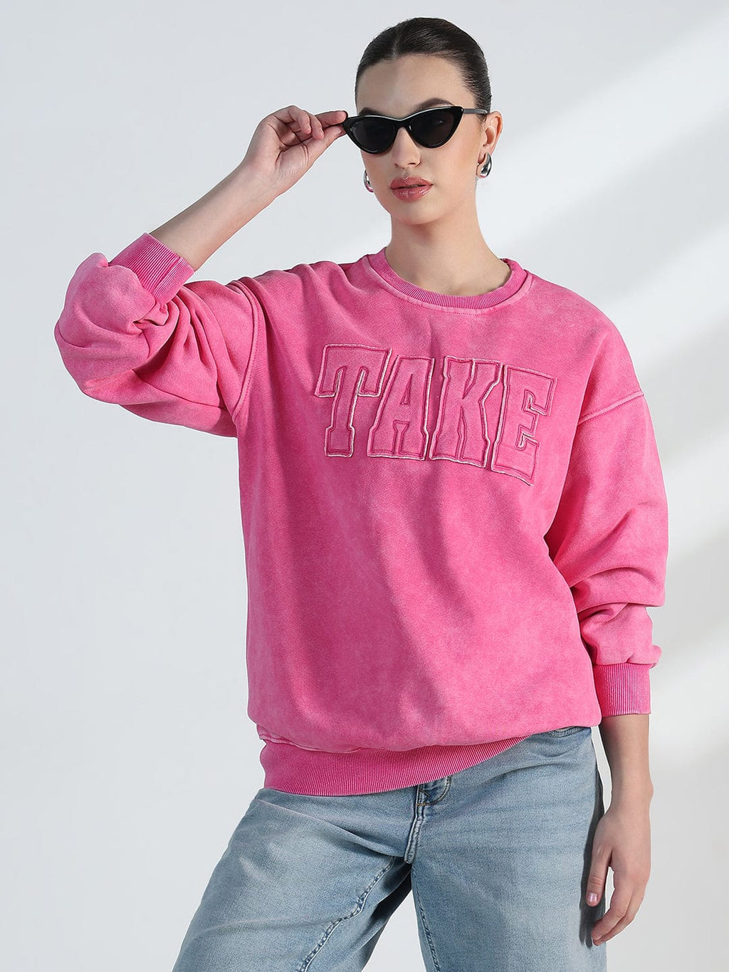 Women's Typography Pink Round Neck Oversized Sweatshirt