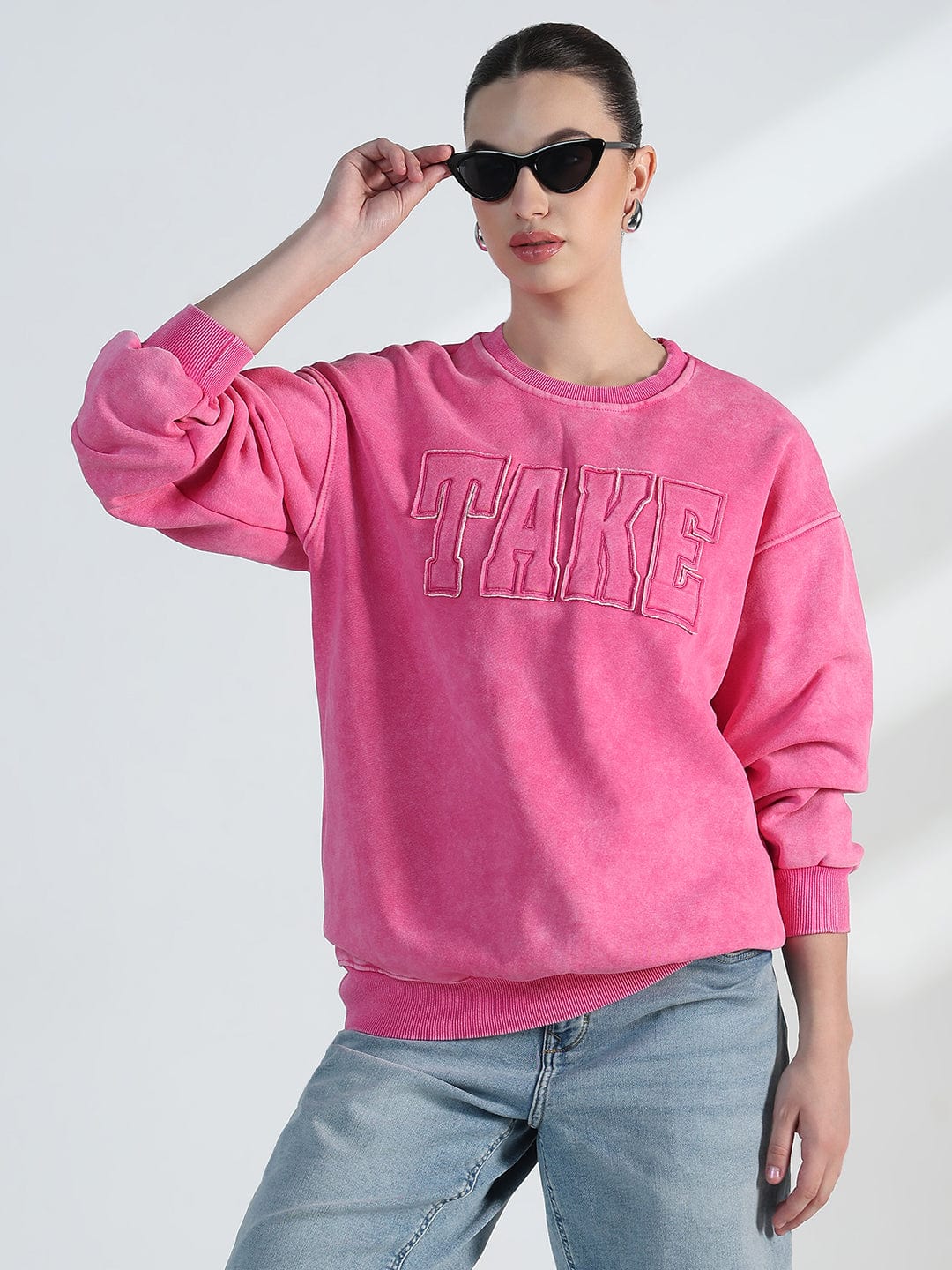 Women's Typography Pink Round Neck Oversized Sweatshirt