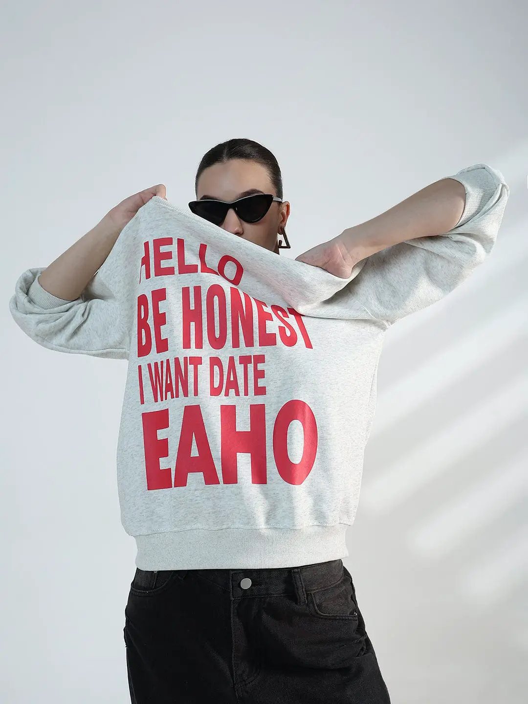 Women's Typography Grey Scoop Neck Oversized Sweatshirt