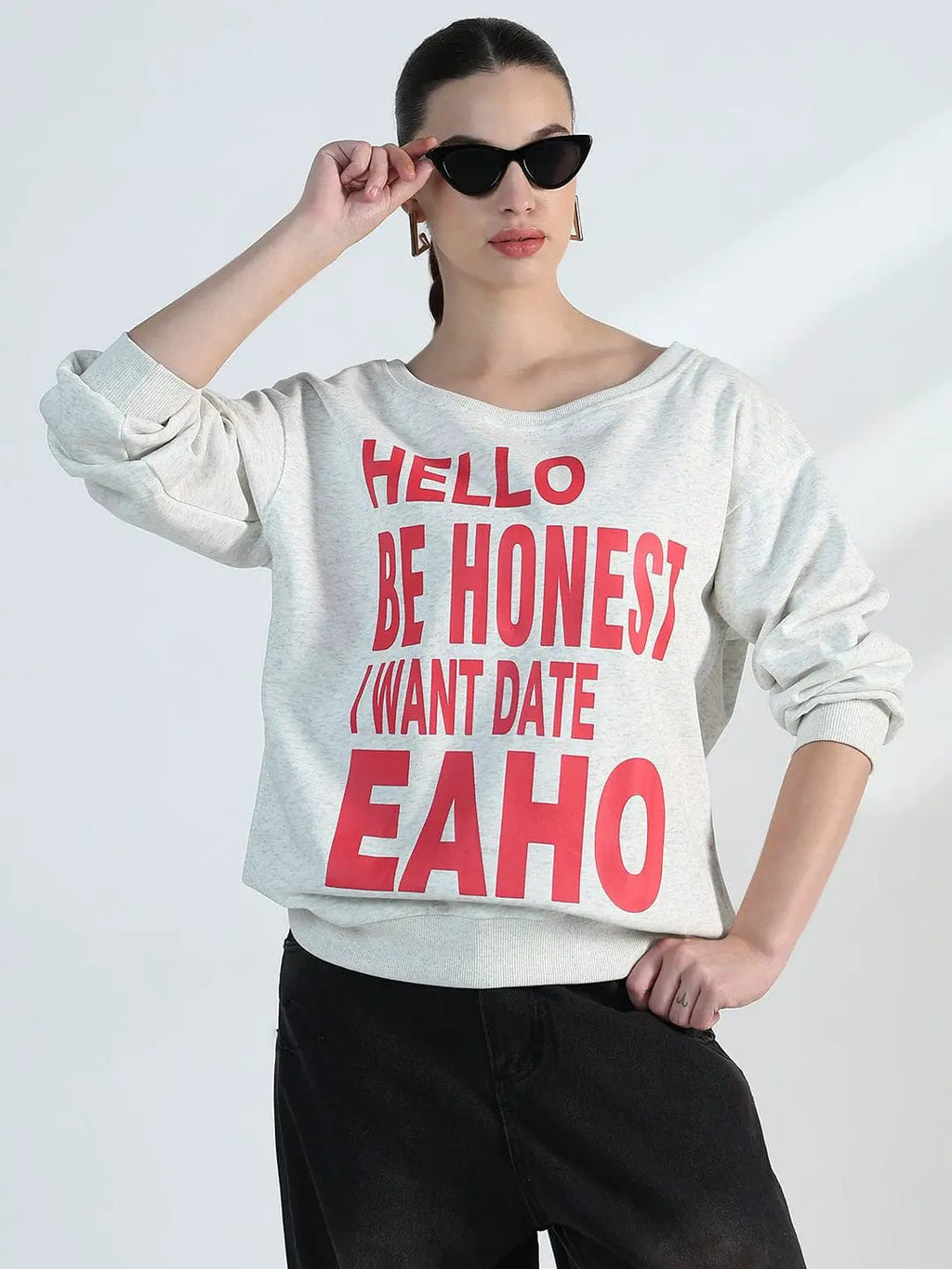 Women's Typography Grey Scoop Neck Oversized Sweatshirt