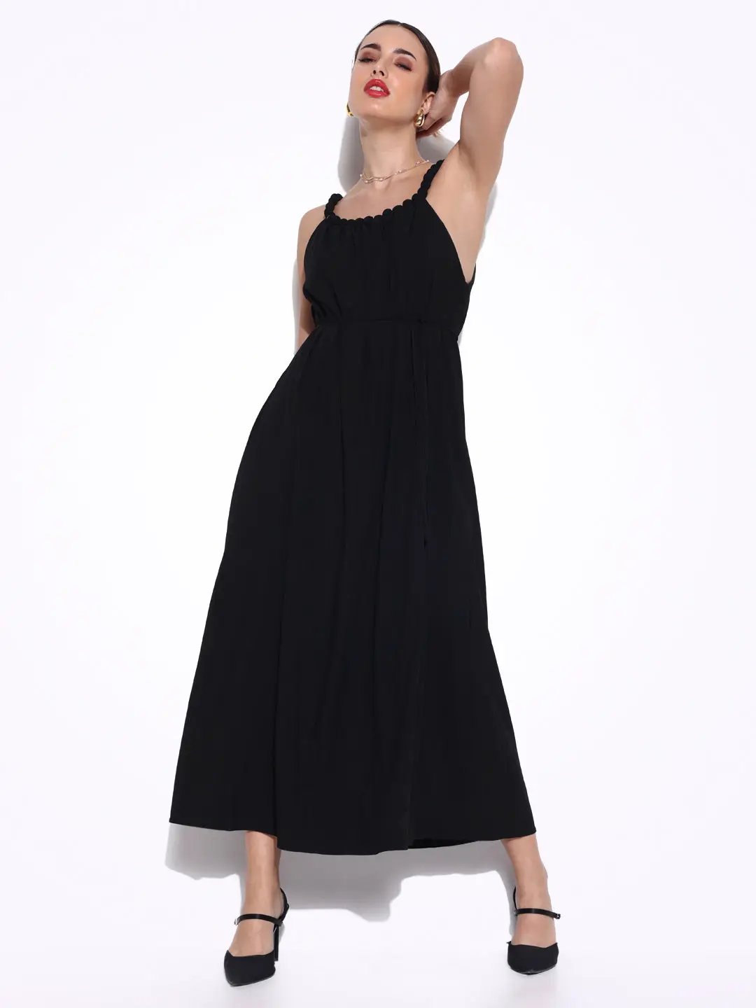 Women's Black Beaded Neck Slip On Maxi Dress with Waist Tie