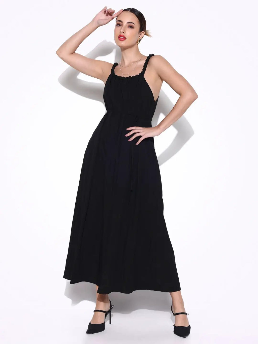 Women's Black Beaded Neck Slip On Maxi Dress with Waist Tie