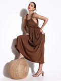 Women's Brown Beaded Neck Slip On Maxi Dress with Waist Tie