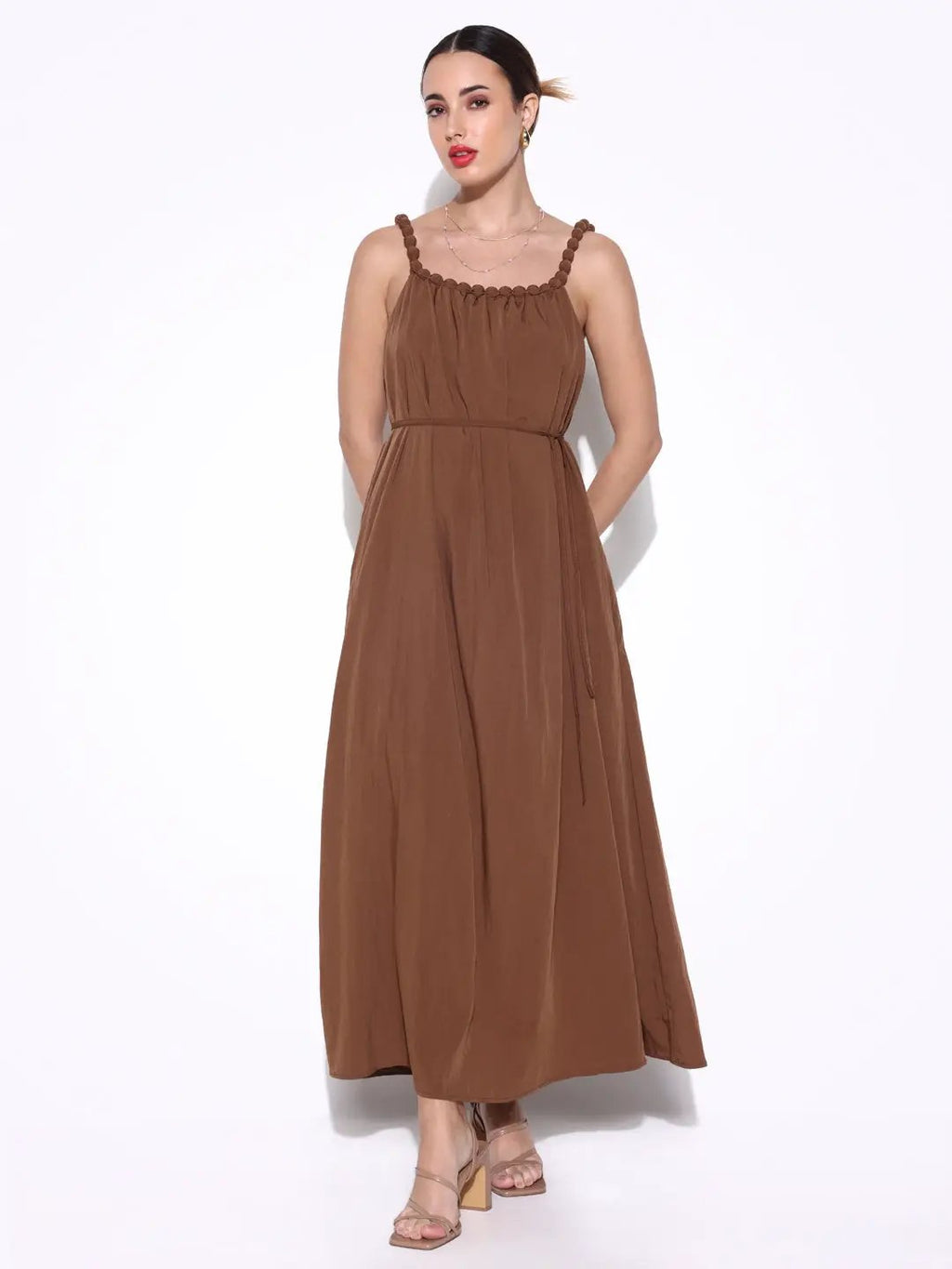 Women's Brown Beaded Neck Slip On Maxi Dress with Waist Tie
