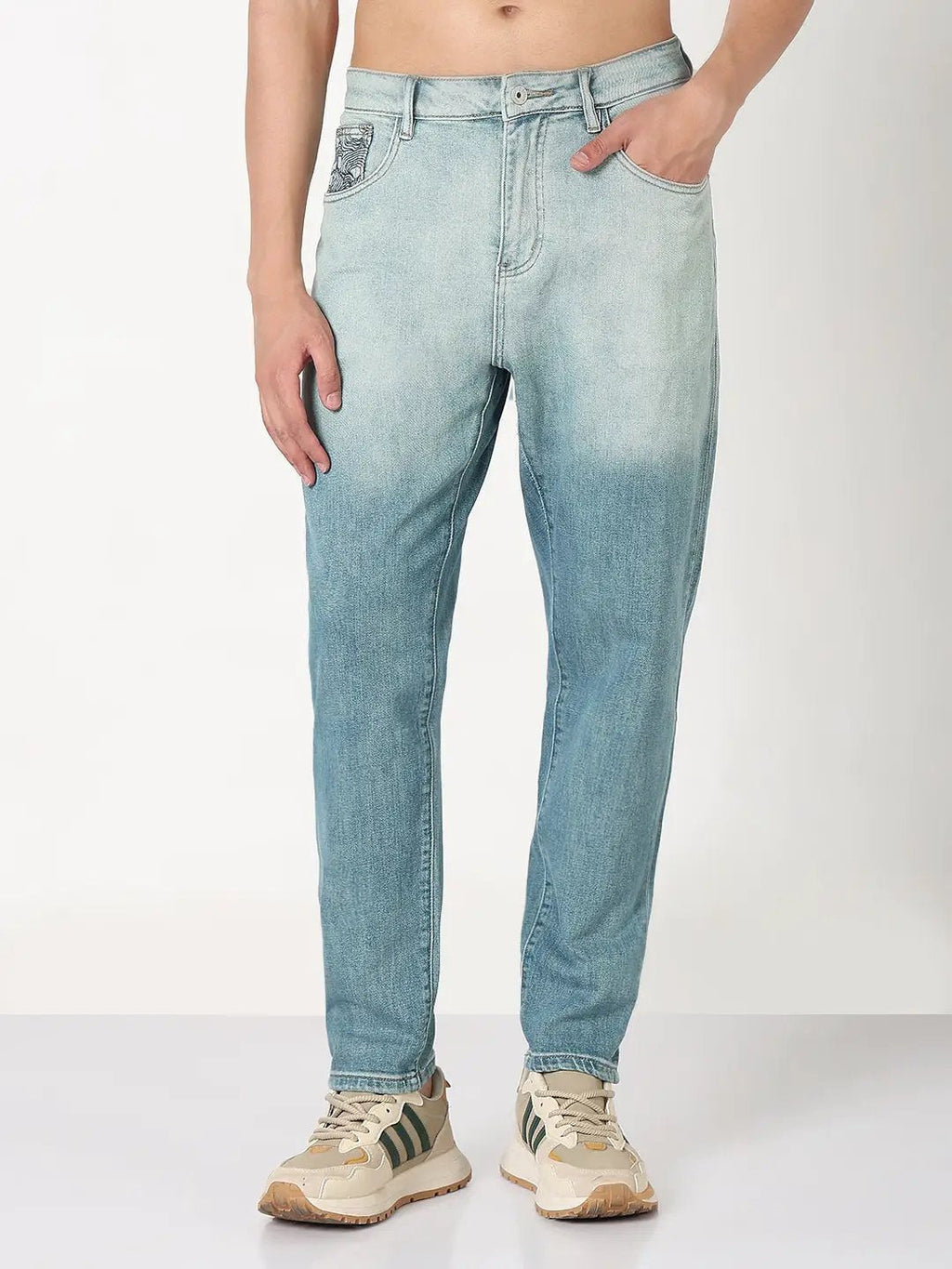 Men's Blue Slim Fit Ombre Jeans with Embroidered Pocket
