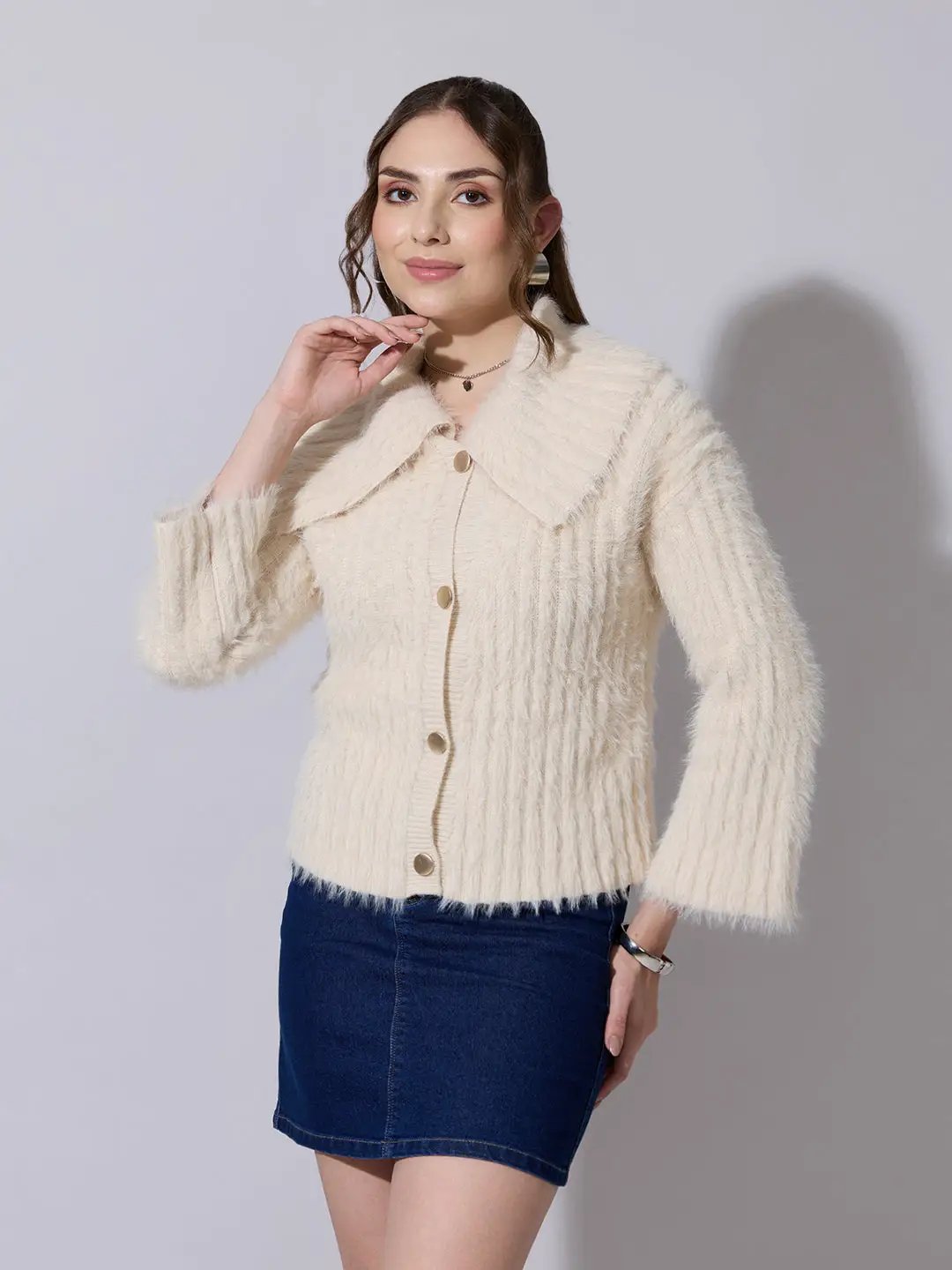 Women's Textured Cream Fuzzy Knit Sweater