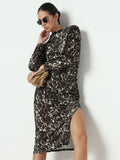 Women's Animal Print Olive Bodycon Dress with Side Slit