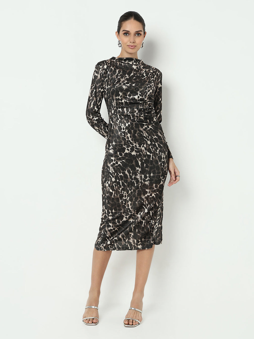 Women's Animal Print Olive Bodycon Dress with Side Slit