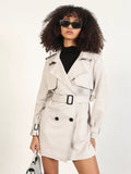 Women's Solid Grey Lapel Collar Trench Coat with Fabric Belt and WristBelt