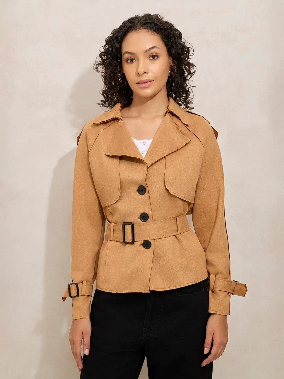 Women's Brown Tailored Jacket with Shoulder Flaps and Belt