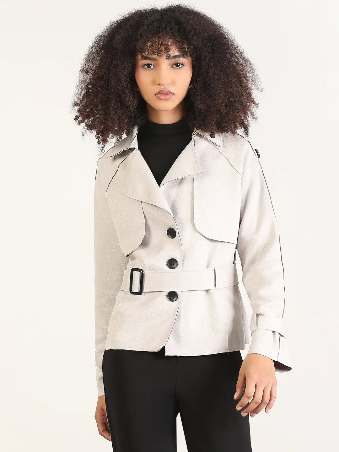 Women's Solid Grey Lapel Collar Tailored Jacket with Fabric Belt and WristBelt