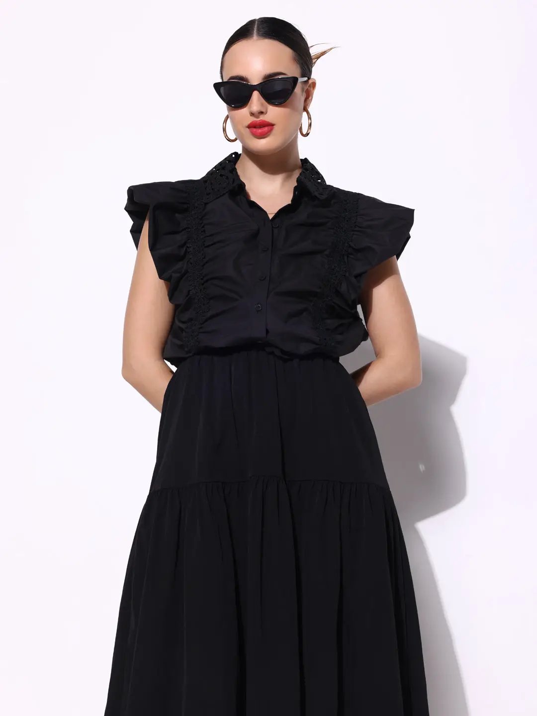Women's Ruched Black Shirt Style Top with Lace Collar