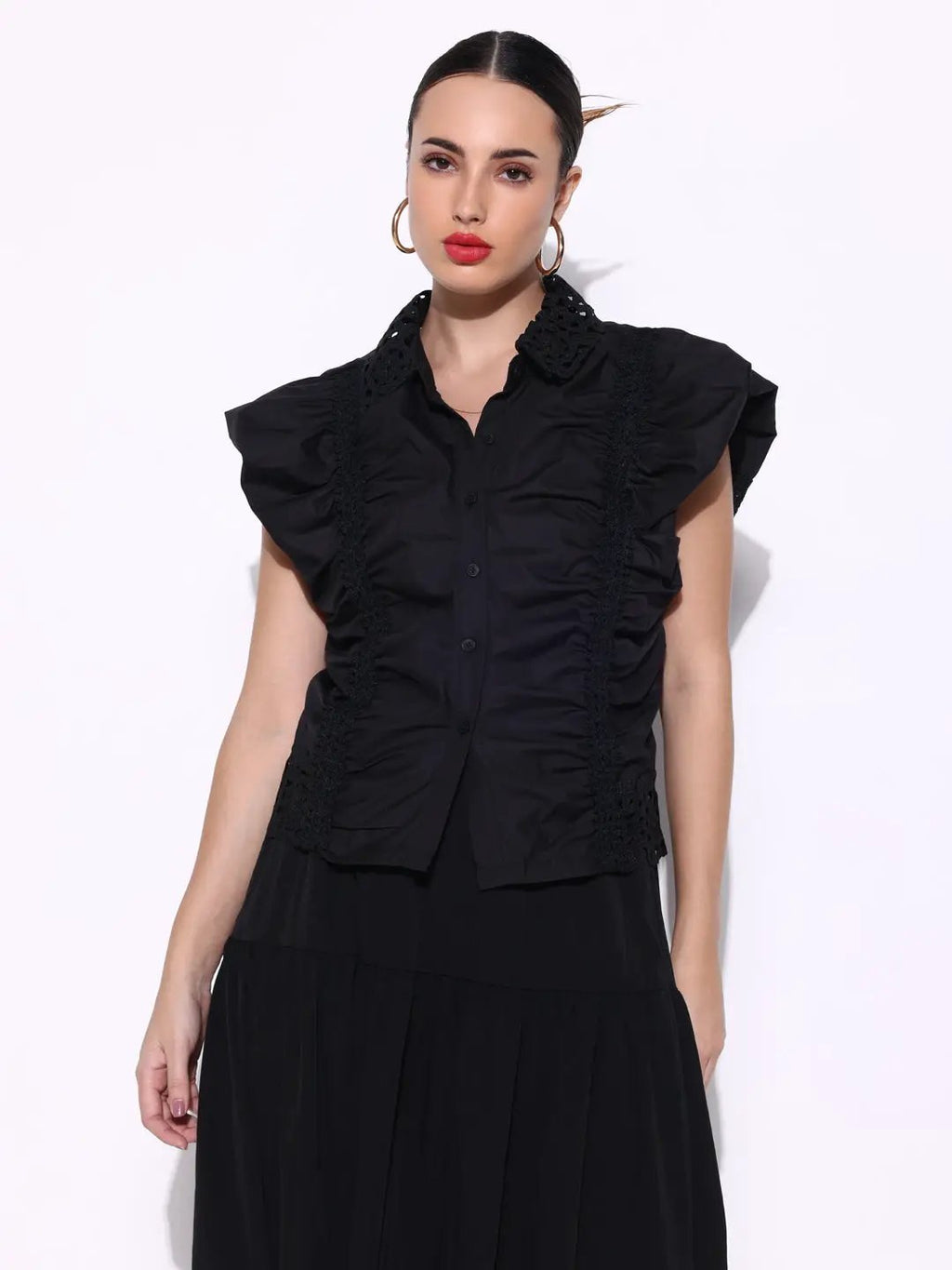 Women's Ruched Black Shirt Style Top with Lace Collar