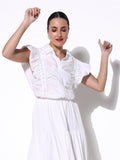 Women's Ruched White Shirt Style Top with Lace Collar