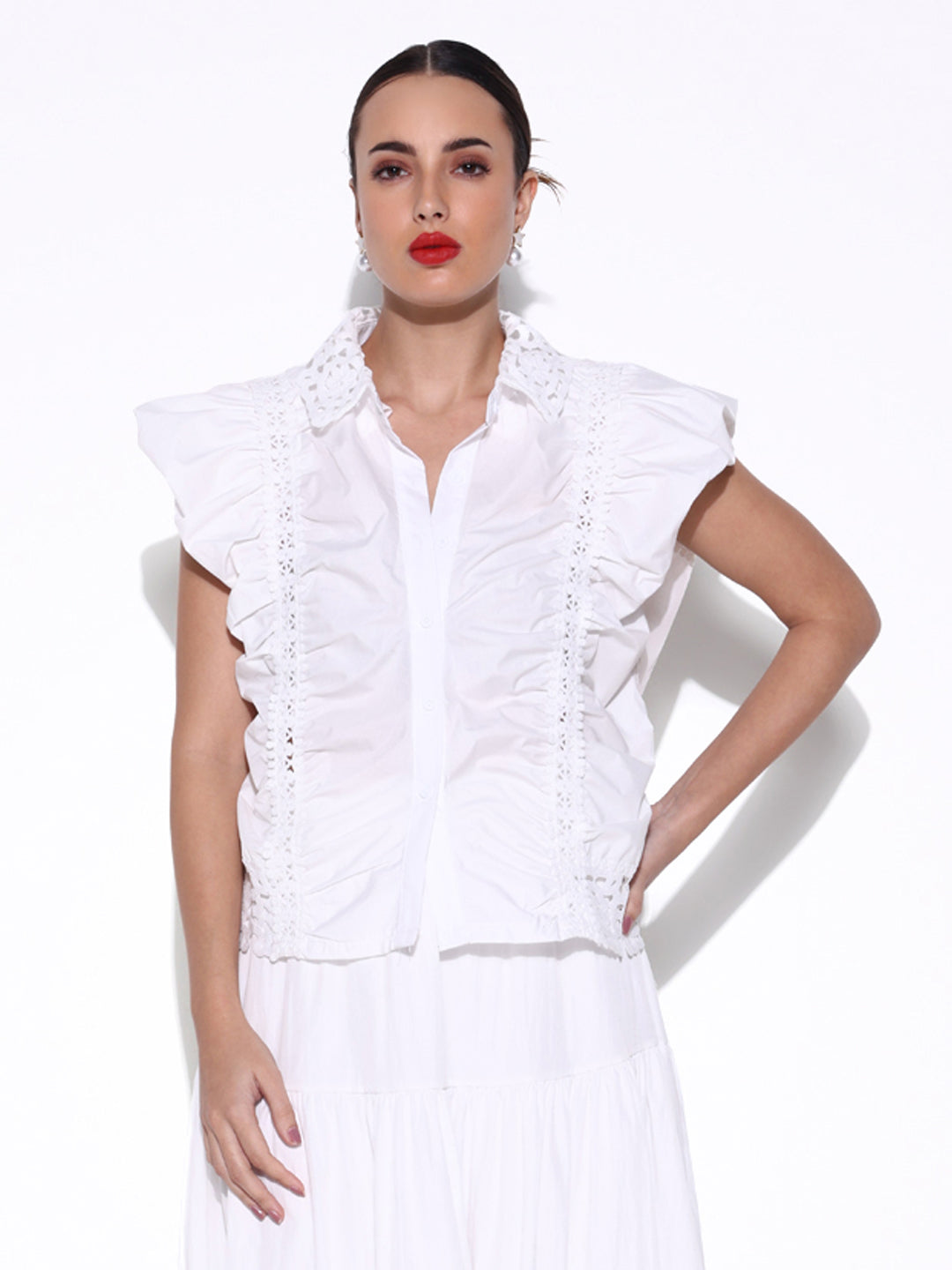 Women's Ruched White Shirt Style Top with Lace Collar