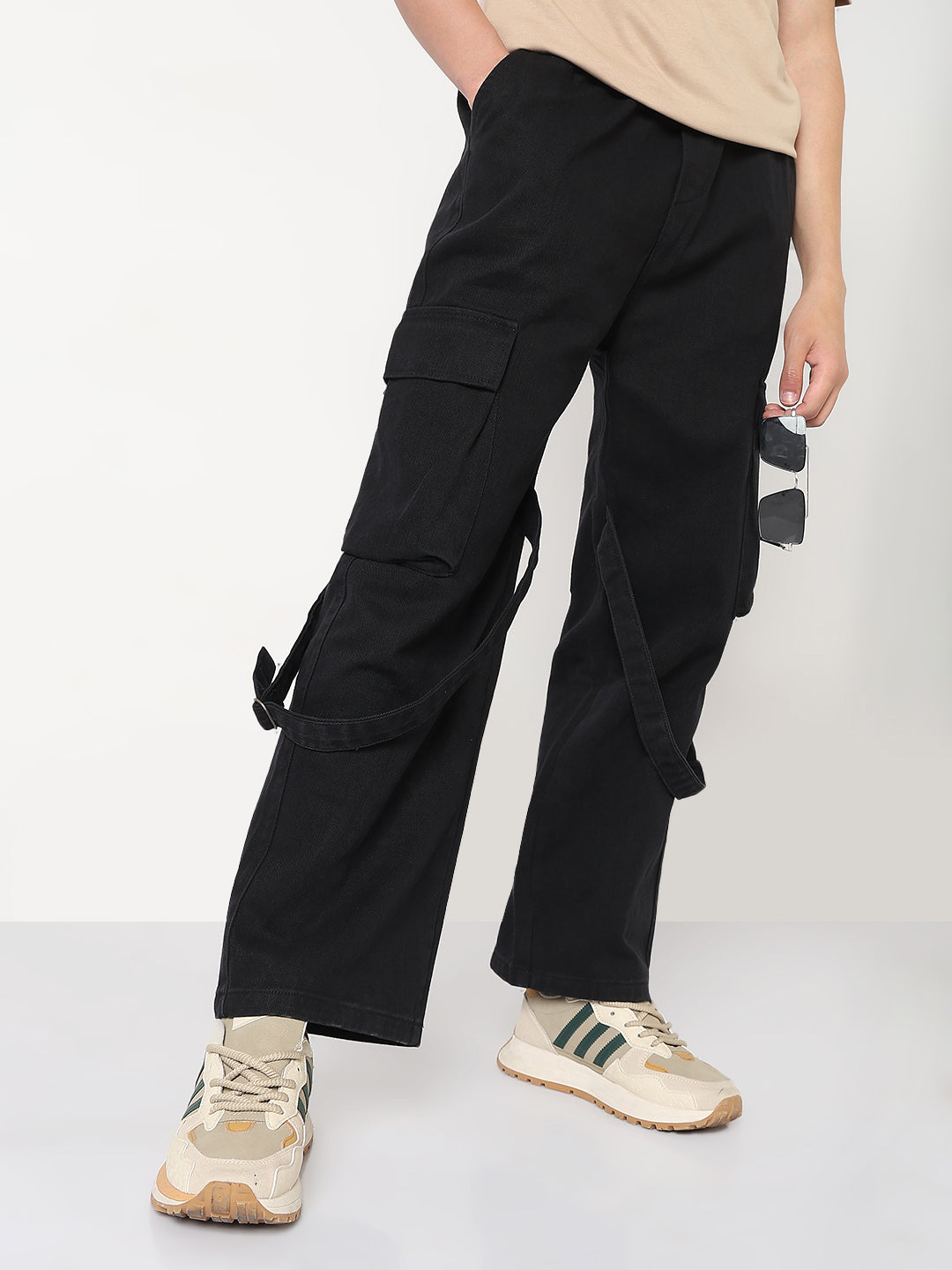 Men's Black Straight Fit Cargo Clean Look Jeans