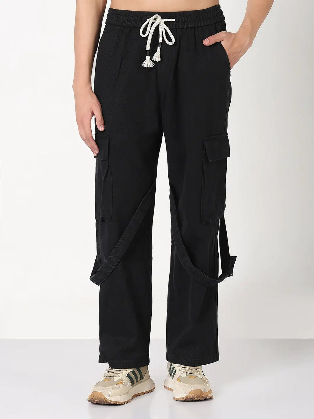 Men's Black Straight Fit Cargo Clean Look Jeans