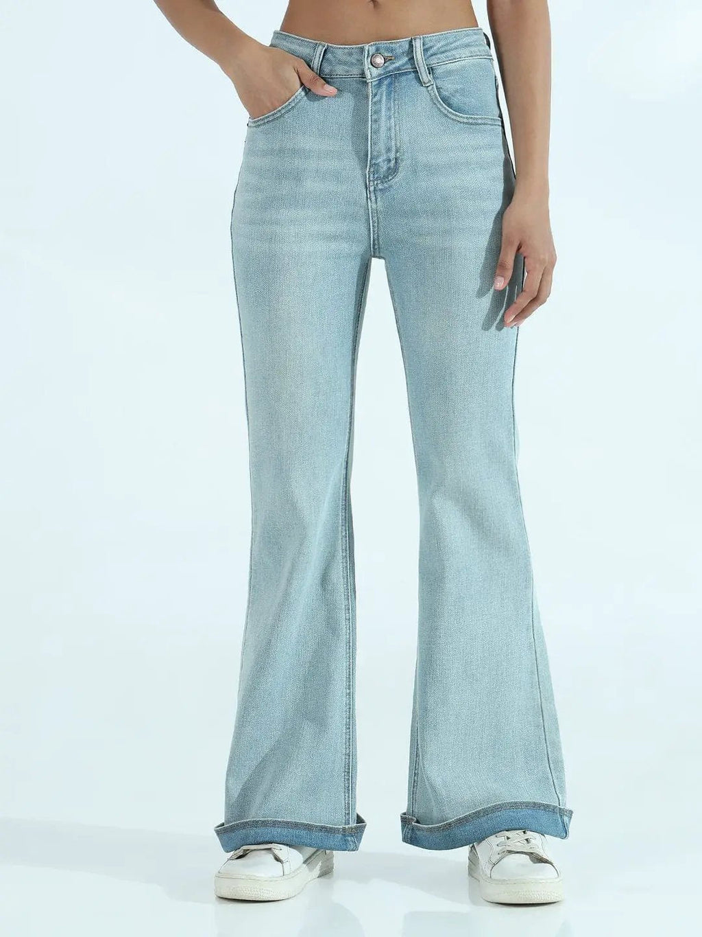 Women's Blue Mid Rise Flare Jeans with Folded Hem Detail