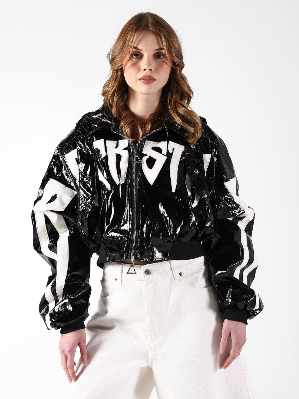 Women's Typography Black Patent Zip-Up Jacket