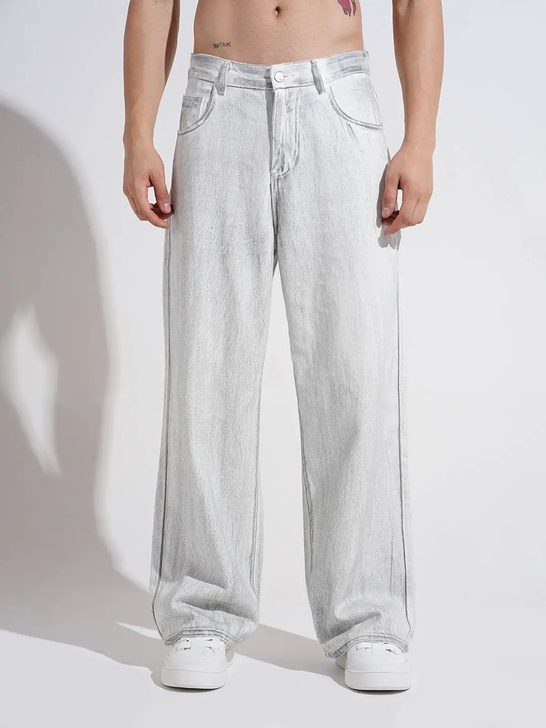 Men's Off White Stone Wash Wide Leg Jeans